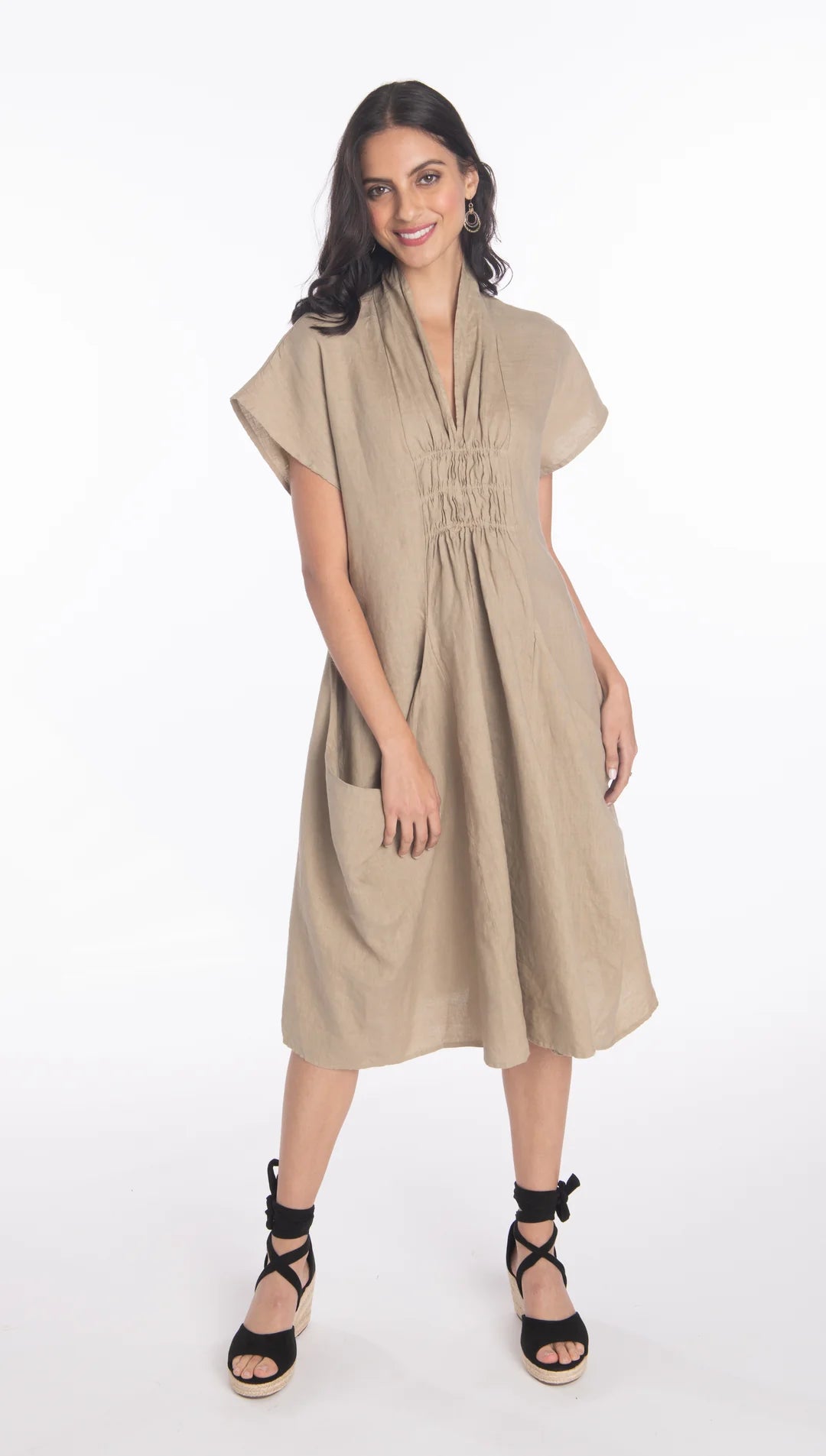 Luna Luz Shawl Collar 26' Dress Khaki – A Tempo New York Luna Luz Shawl Collar 26' Dress Khaki – A Tempo New York
