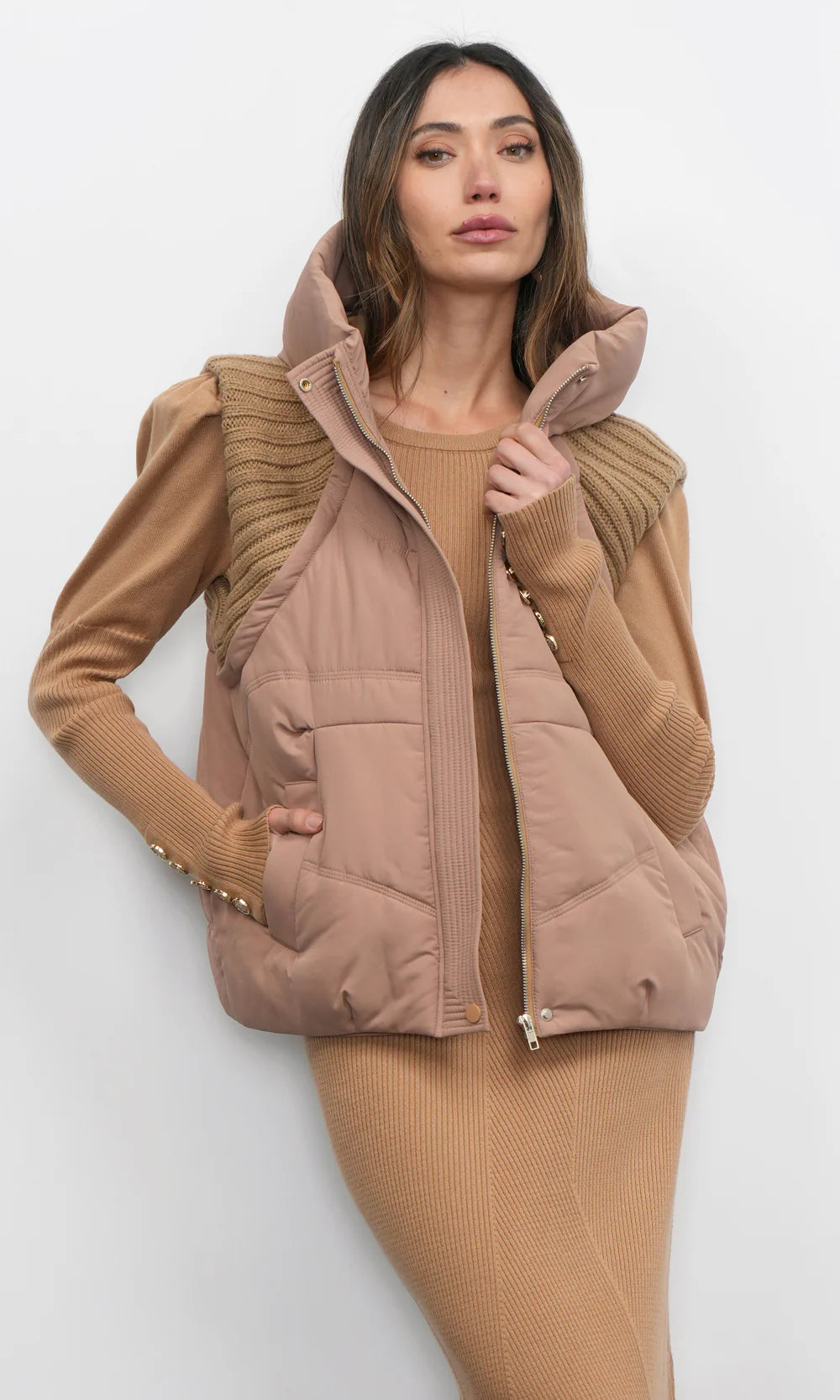 Greylin Rib/Hooded Puffer Latte Vest