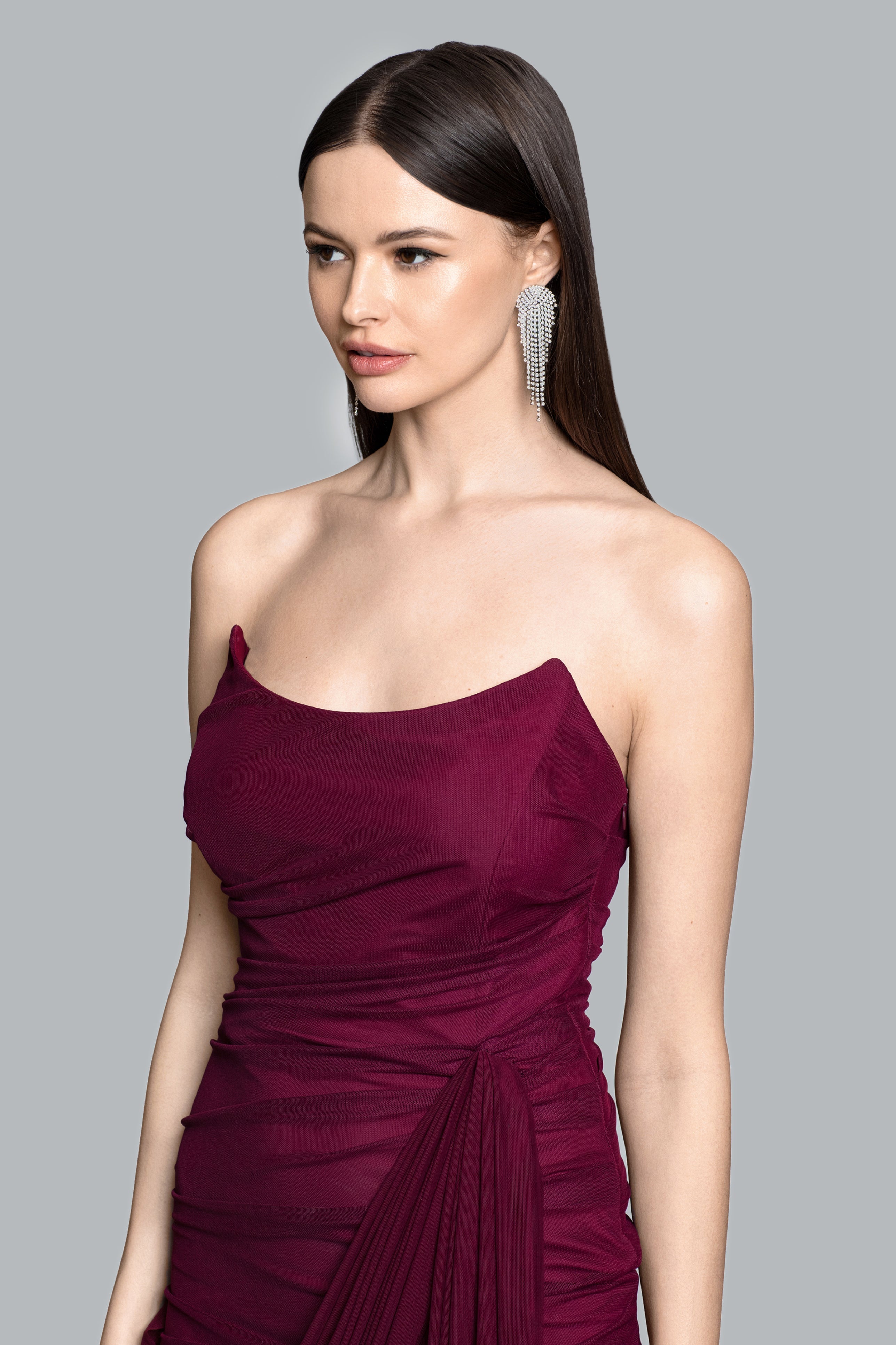 wine mesh dress Wine Mesh Lace Up Back Ruched Slit Midi Dress Small