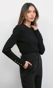 Greylin Dani Puff Sleeve Rib Knit Black Sweater