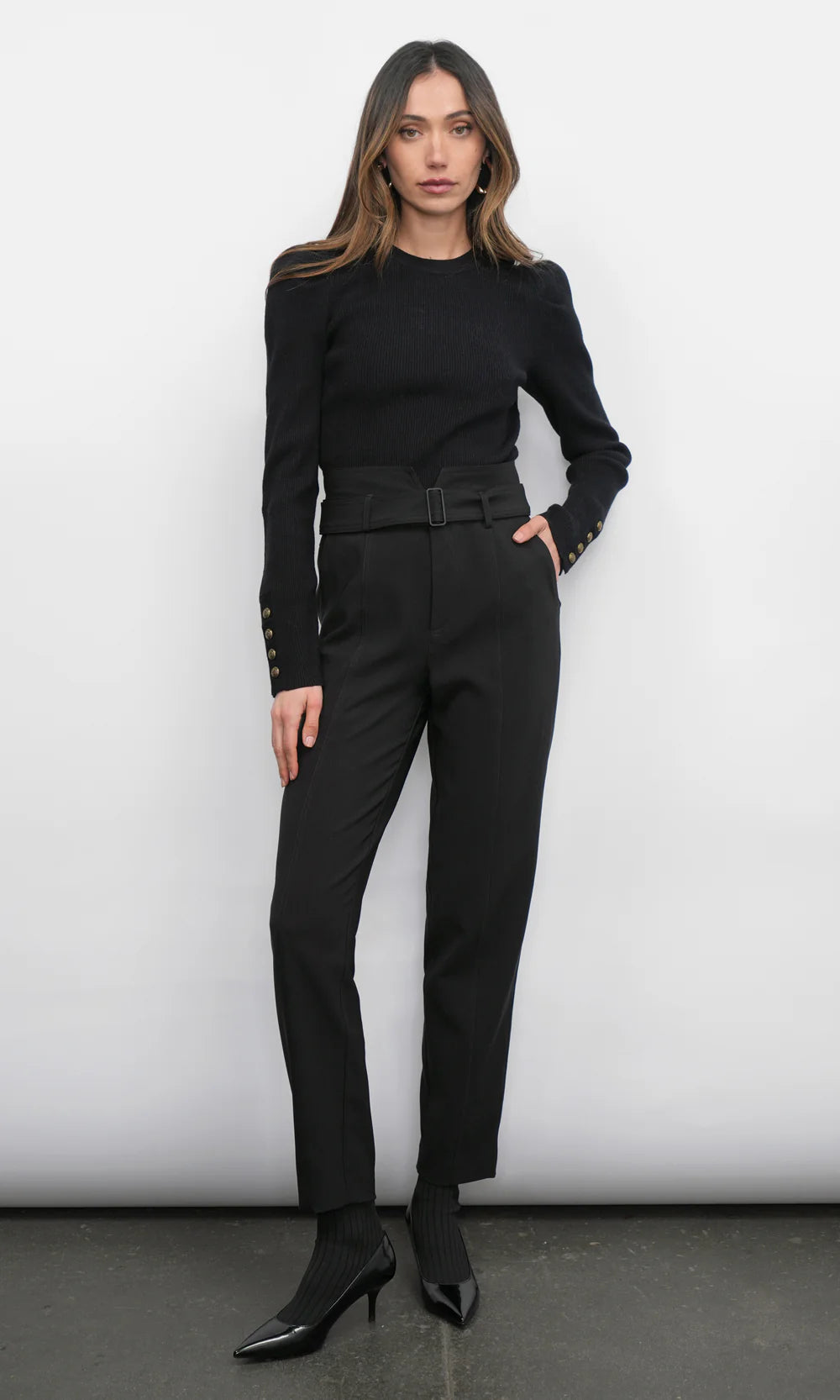 Greylin Dani Puff Sleeve Rib Knit Black Sweater