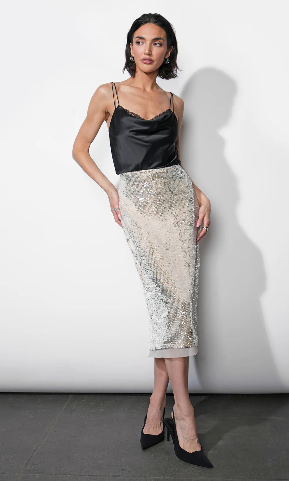 Greylin Sequins Cream Midi Skirt