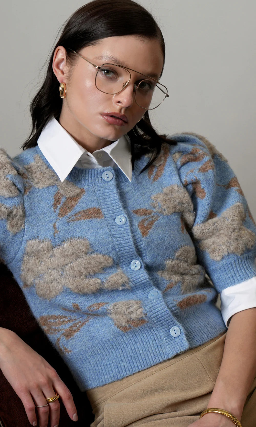 Greylin Floral Puff Sleeve Knit Cardigan