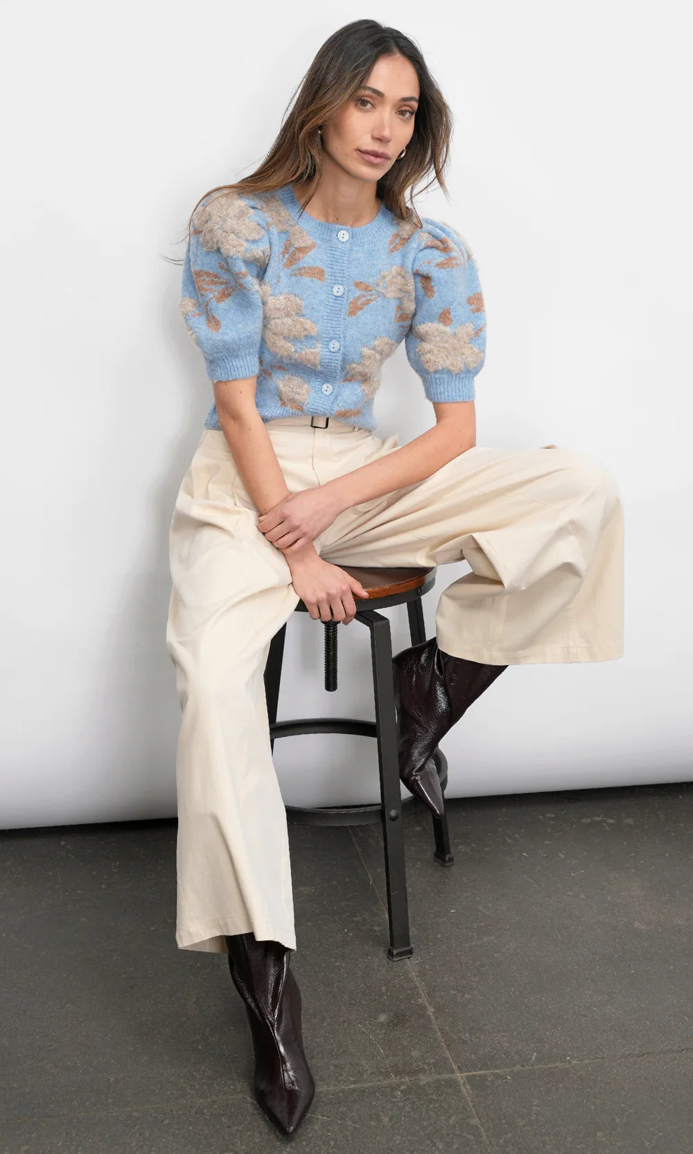 Greylin Floral Puff Sleeve Knit Cardigan