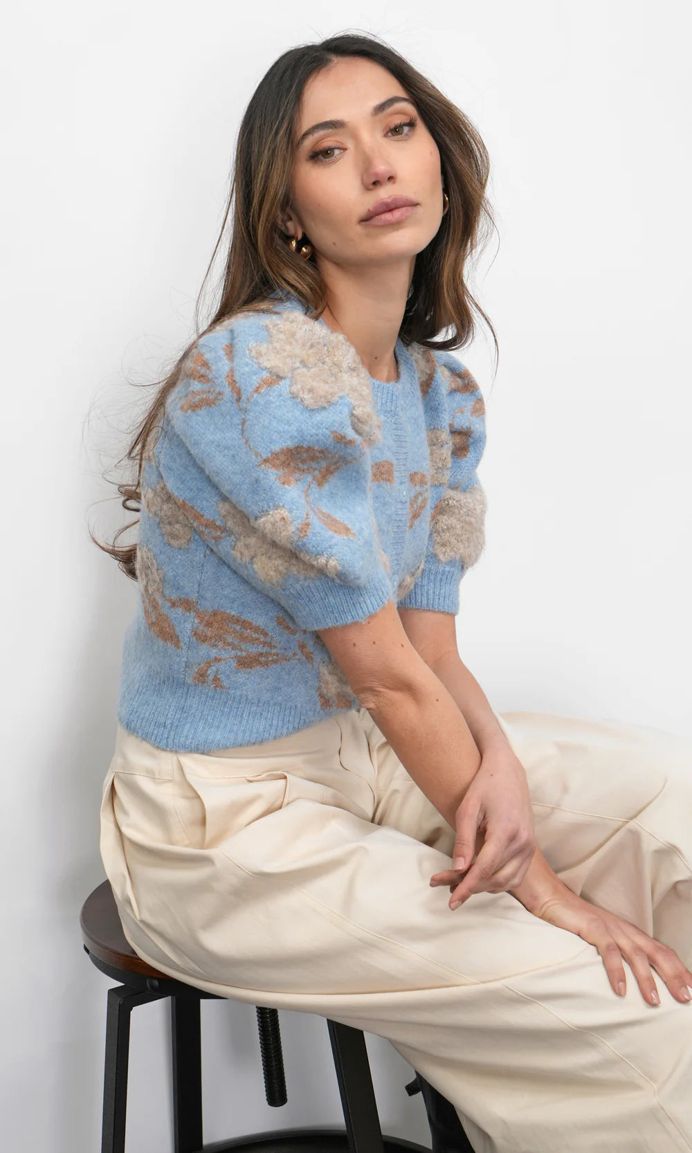 Greylin Floral Puff Sleeve Knit Cardigan