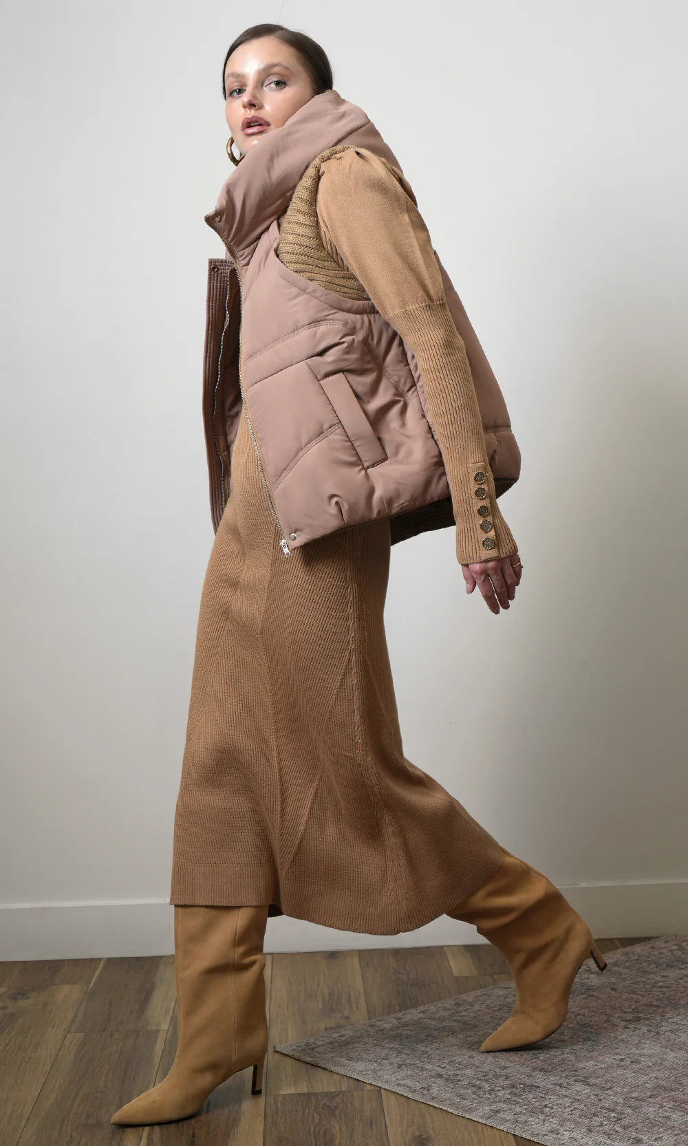 Greylin Rib/Hooded Puffer Latte Vest