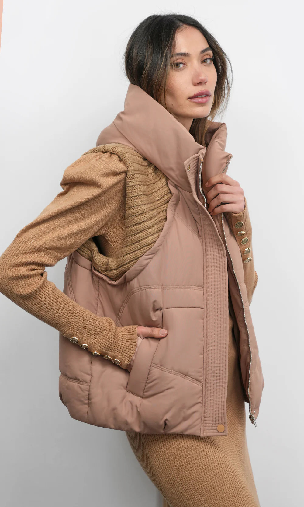 Greylin Rib/Hooded Puffer Latte Vest