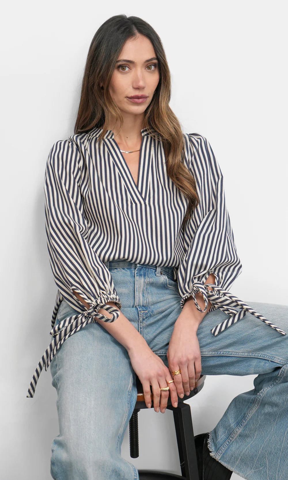 Greylin Miui Puff Sleeve Stripe Shirt Navy