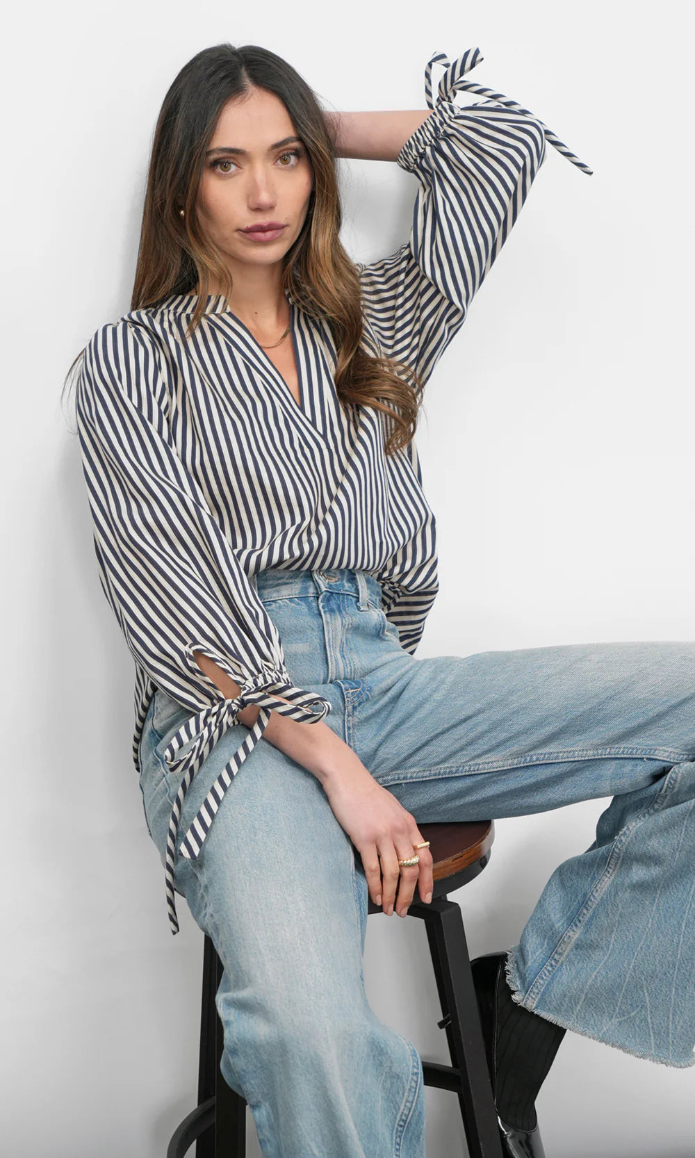 Greylin Miui Puff Sleeve Stripe Shirt Navy