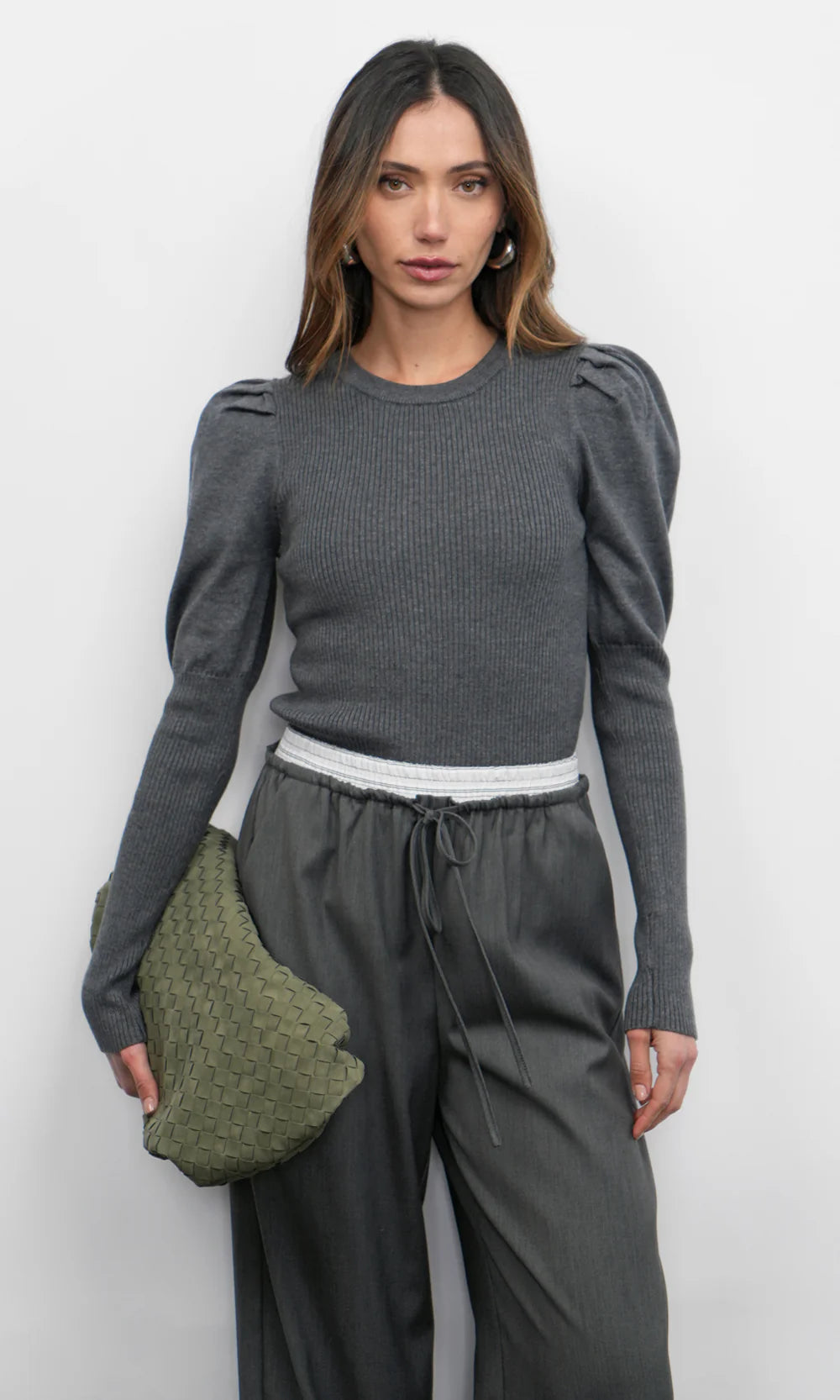 Greylin Renoa Puff Sleeve Knit Top Charcoal