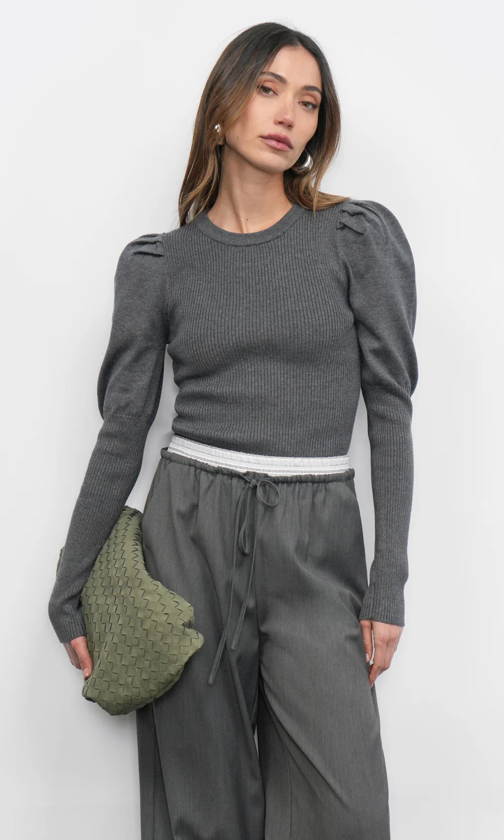 Greylin Renoa Puff Sleeve Knit Top Charcoal