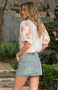 THML Hand Embroidered Puff Sleeve Top