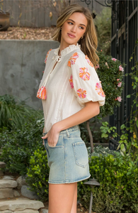 THML Hand Embroidered Puff Sleeve Top