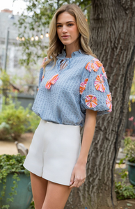 THML Hand Embroidered Puff Sleeve Top