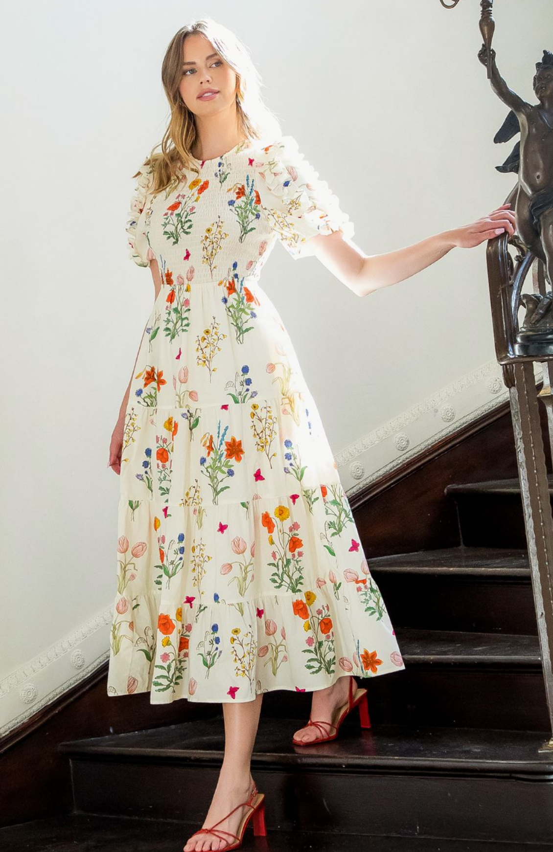 THML Puff Sleeve Floral Maxi Dress