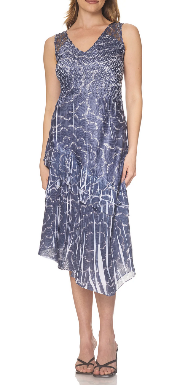 Komarov Navy Ripples Asymmetrical Hem Dress