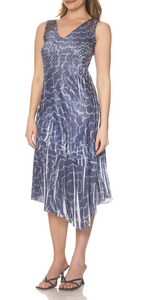 Komarov Navy Ripples Asymmetrical Hem Dress