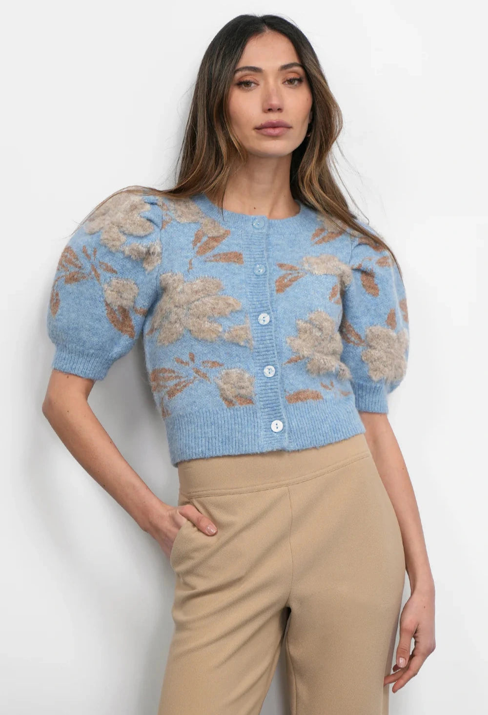 Greylin Floral Puff Sleeve Knit Cardigan