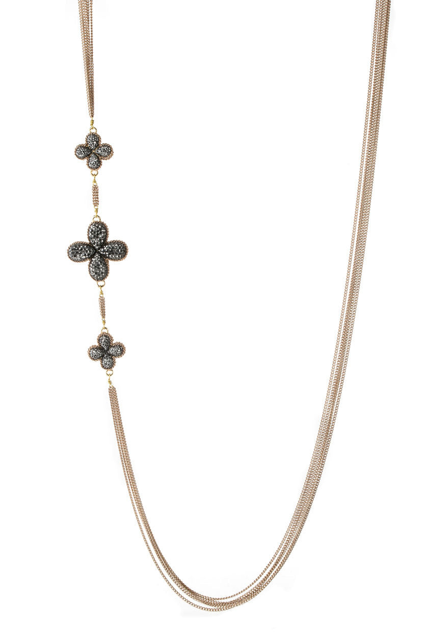 Theia Double Sided Hematite 3 Clovers on Long Chain Necklace